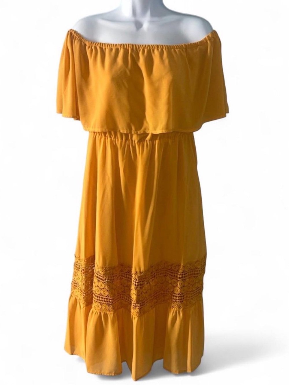 Allegra K Off-Shoulder Mustard Yellow Maxi Dress with Lace Panel